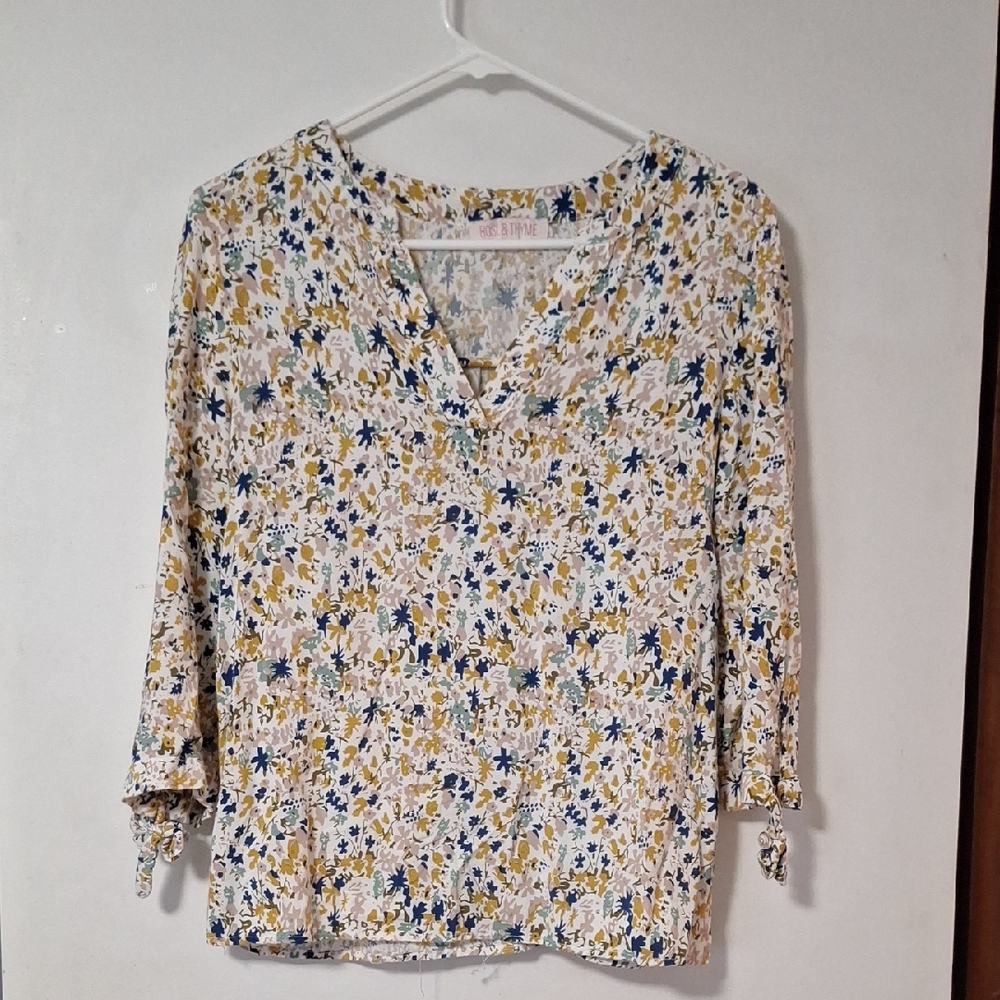 Floral V-Neck Blouse with Tie Sleeves